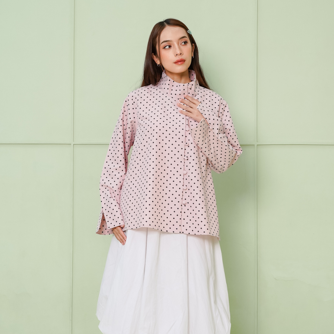 Shada Top Kemeja highneck Collar Polkadot Rose