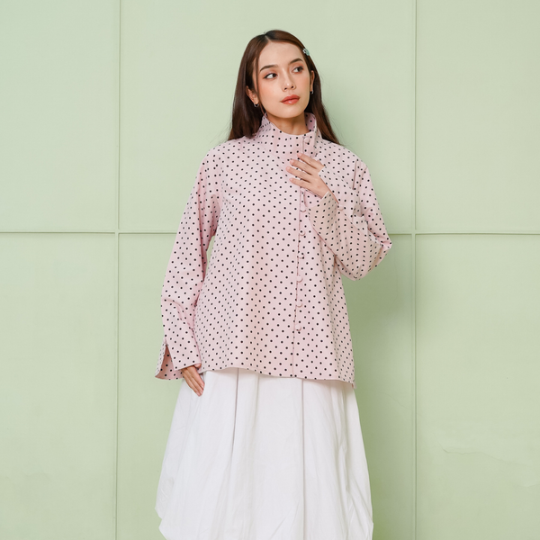 Shada Top Kemeja highneck Collar Polkadot Rose
