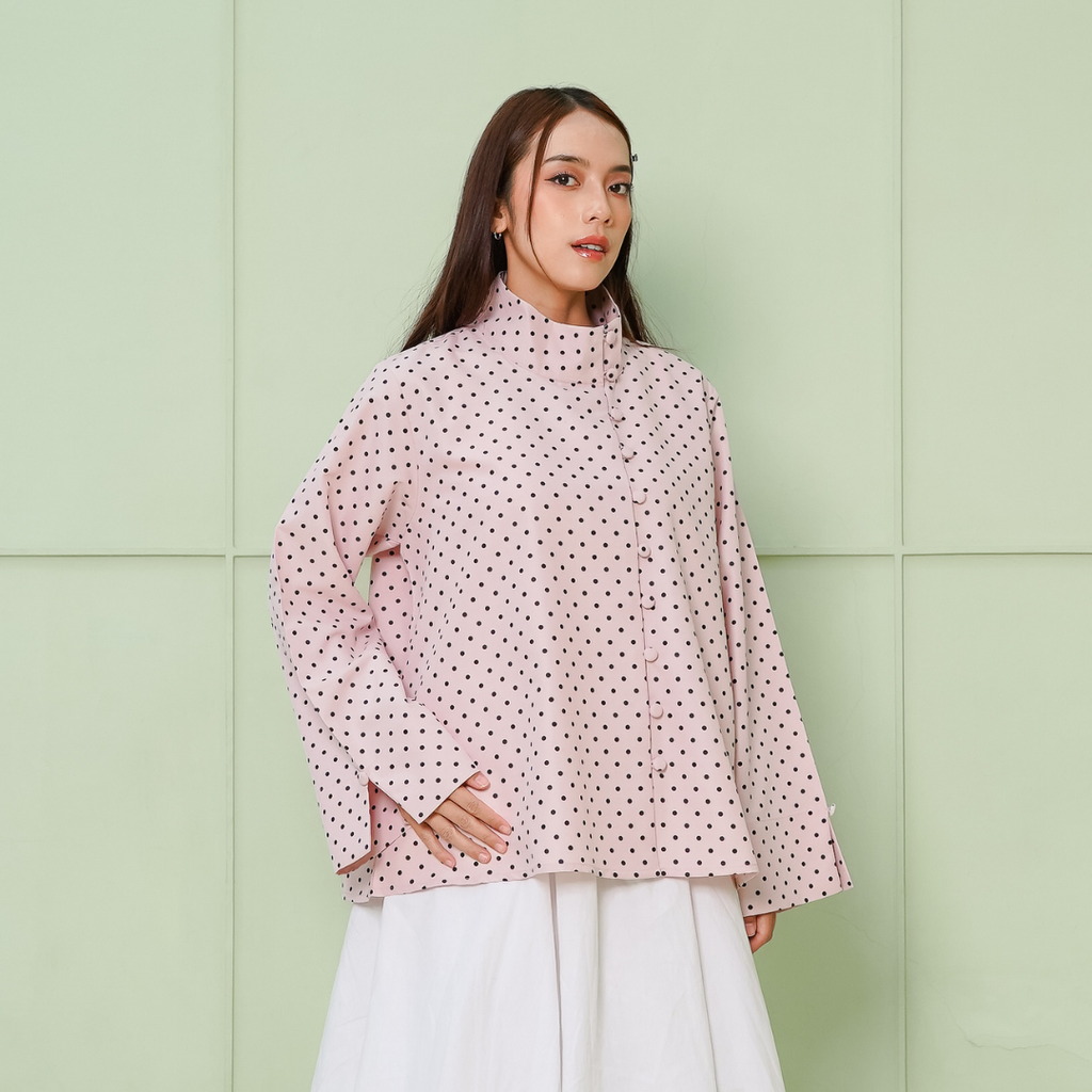 Shada Top Kemeja highneck Collar Polkadot Rose