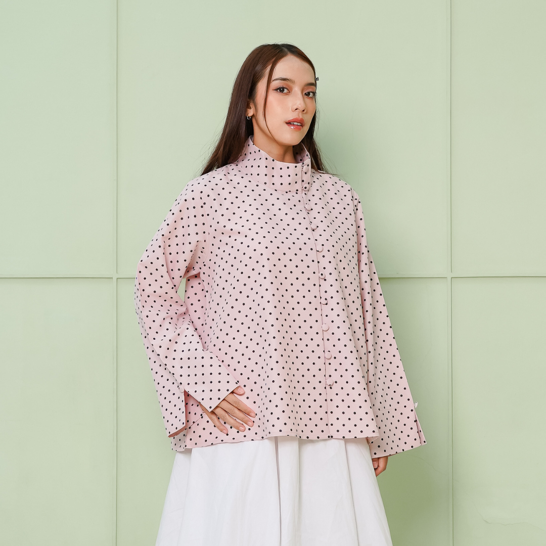 Shada Top Kemeja highneck Collar Polkadot Rose